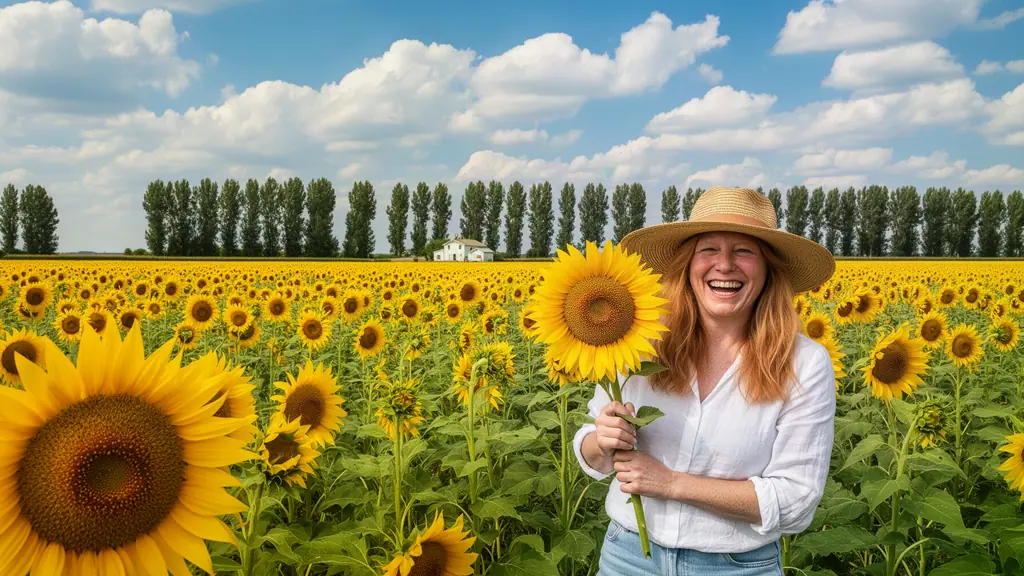 A laughing farmer in a straw hat holds a giant sunflower in a vast sunflower field under a big sky.